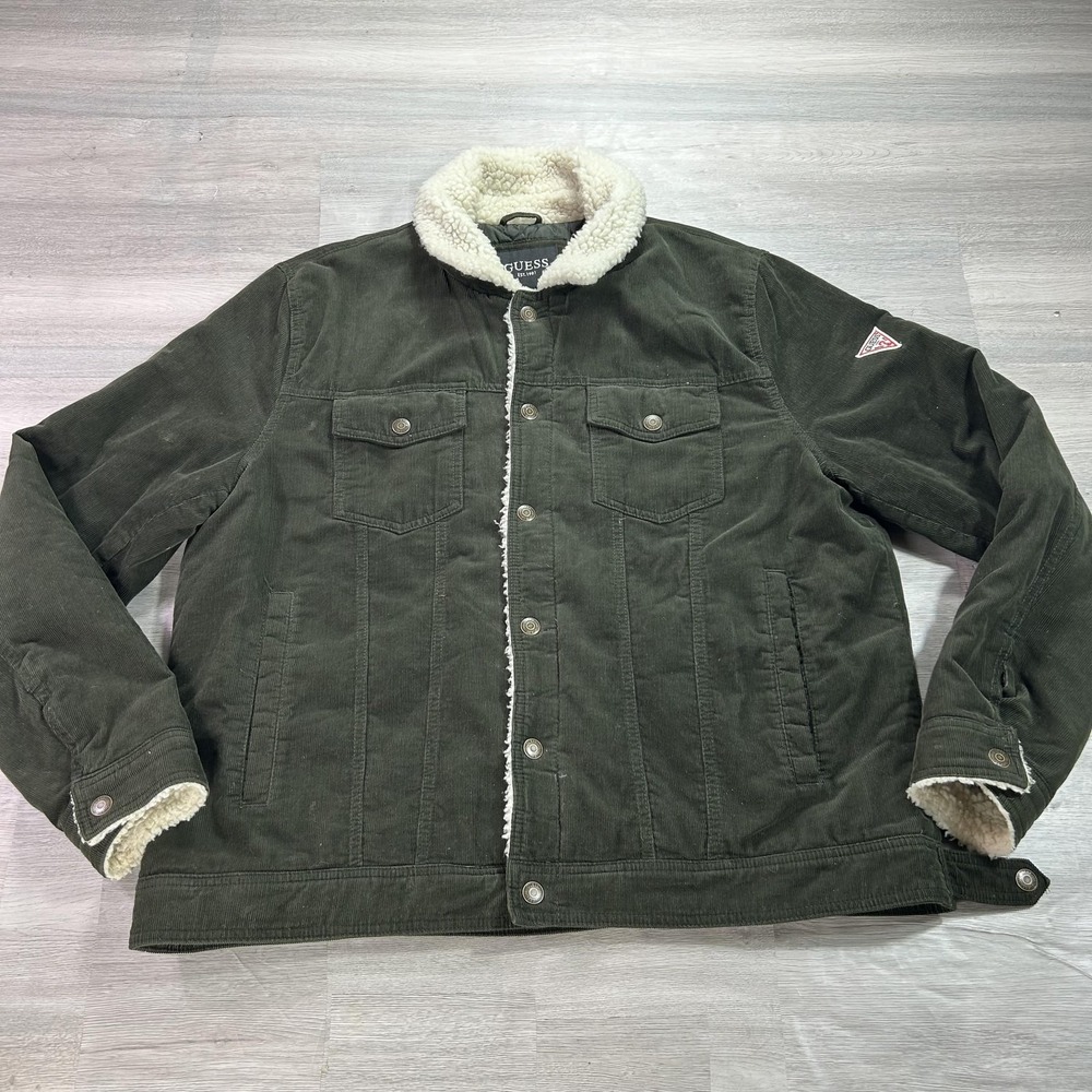 Guess Jacket Mens 2XL Green Corduroy‎ Sherpa Collar Quilted Lined Button Trucker